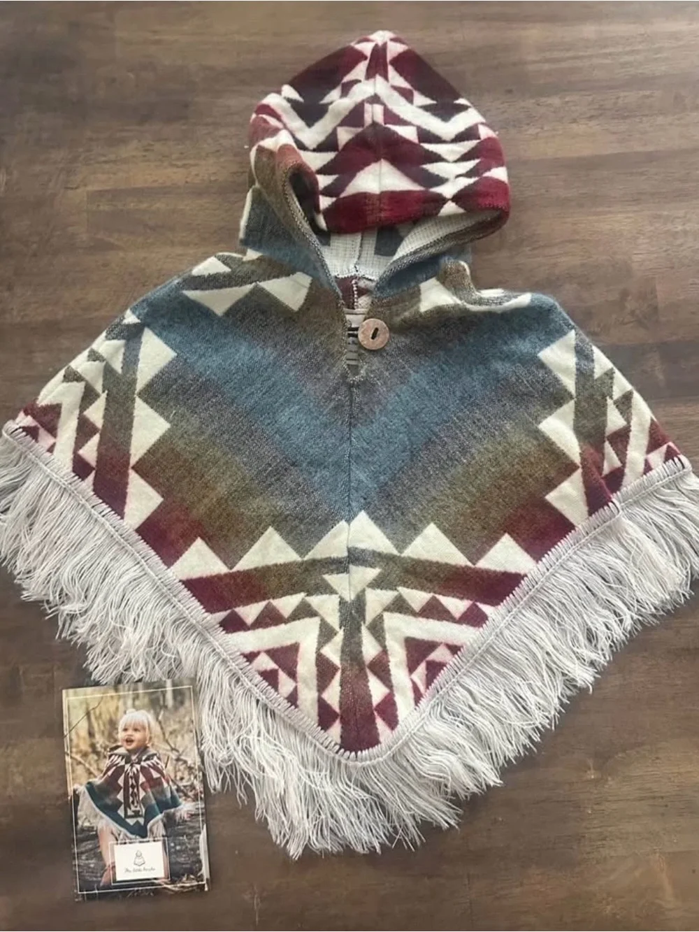 Boho Geometric Hooded Fringe Poncho - Multicolor